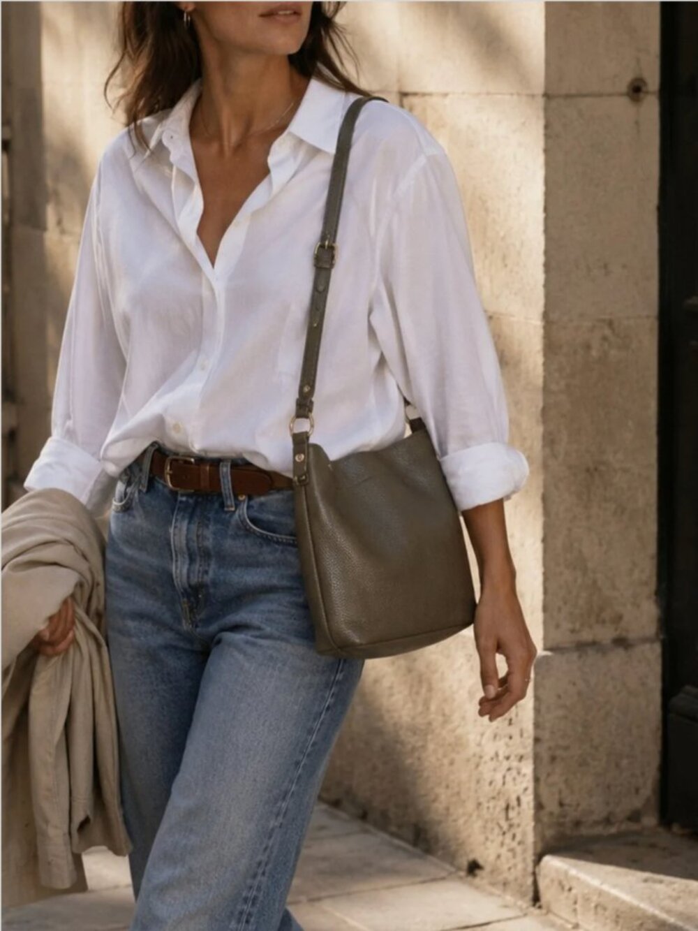 Poppy Barley Olive Taupe Pebbled Leather Crossbody Tote Bag + Dust Bag